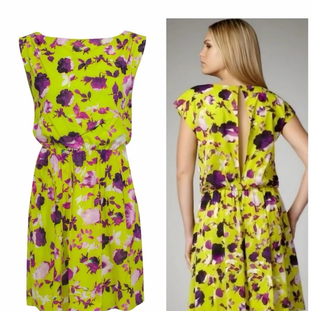 Alice + Olivia Silk Chartreuse Green Purple Floral Corinne Dres size large